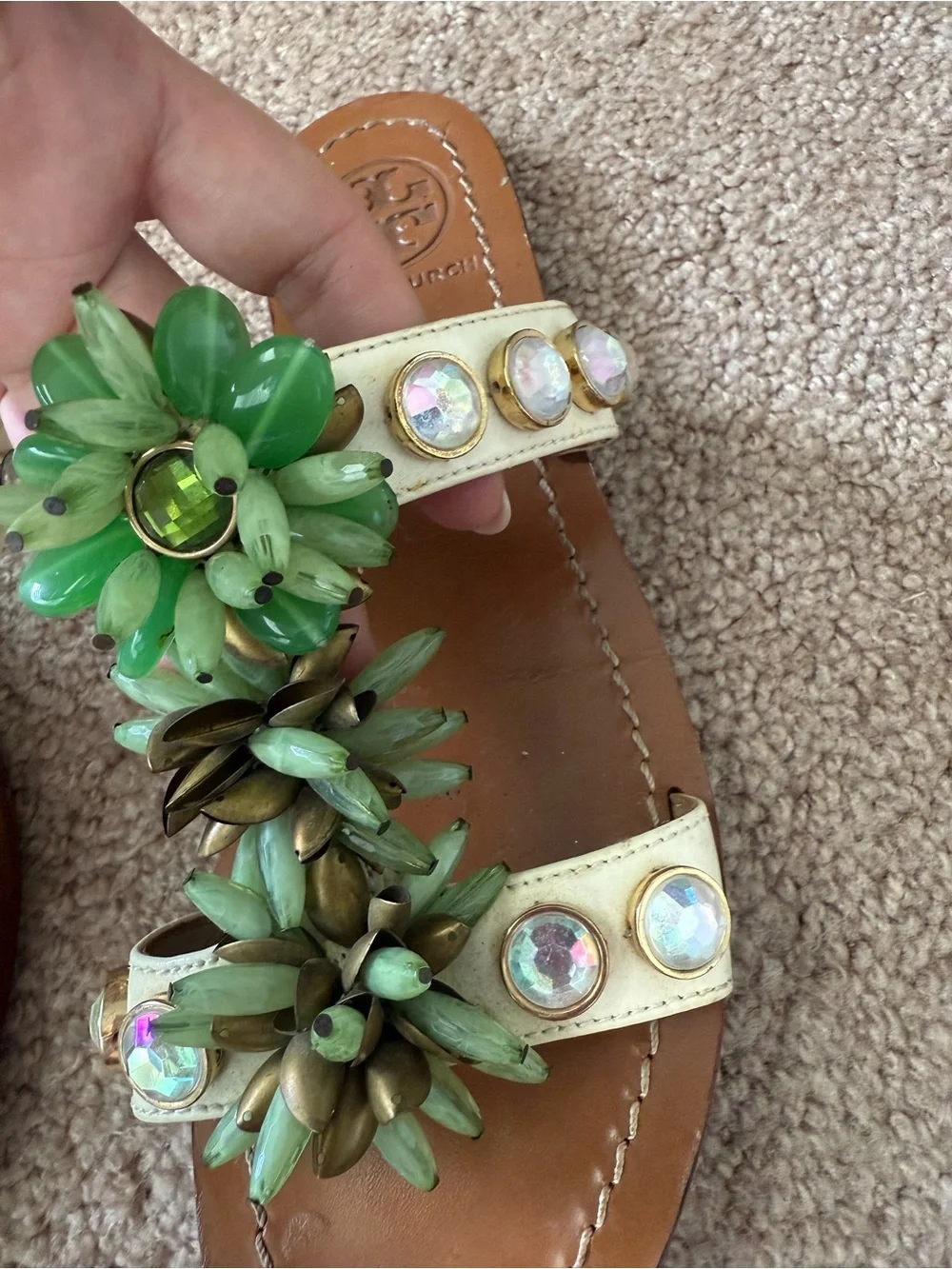 Tory Burch Sydney Leather Slides Sandals with Crystal Studs  Floral Accents